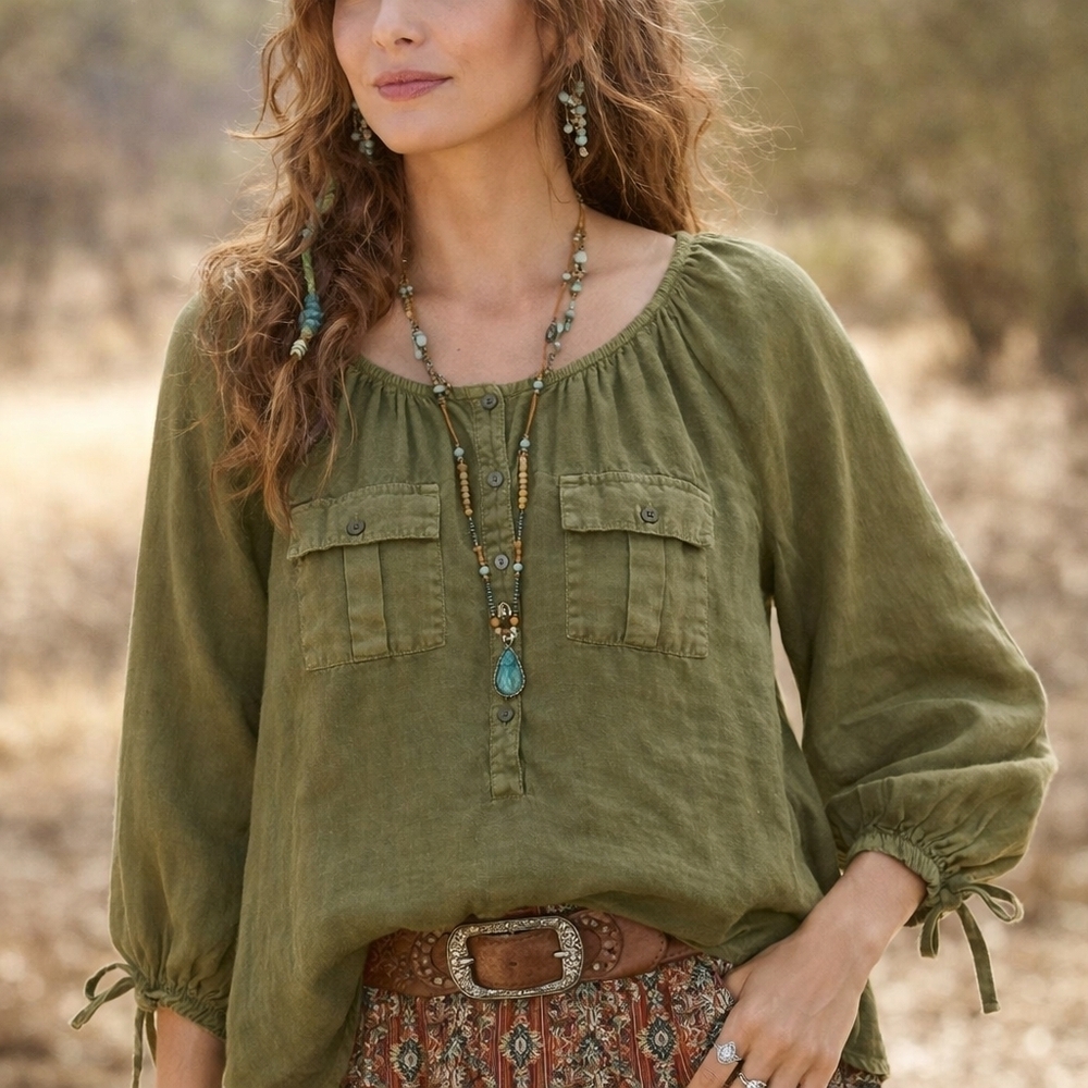 SUNDANCE FLORENCE LINEN BLOUSE OLIVE GREEN SZ PM